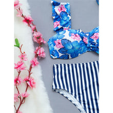 Load image into Gallery viewer, Floral Ruffle Striped High Waist Bikini