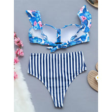 Load image into Gallery viewer, Floral Ruffle Striped High Waist Bikini