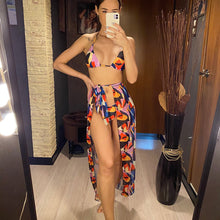 Load image into Gallery viewer, Cube Printed Halter 3pcs Bikini Set With Sarong