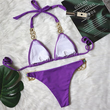 Load image into Gallery viewer, Purple Rhinestone Halter Bikini