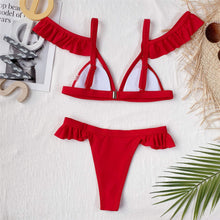 Load image into Gallery viewer, Red Off Shoulder Ruffled Bikini