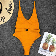 Load image into Gallery viewer, Ribbed High Cut Belted One Piece Swimsuit