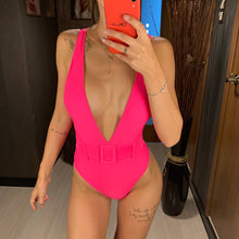 Load image into Gallery viewer, Plunging Neck Belted One Piece Swimsuit
