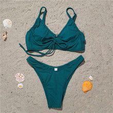 Load image into Gallery viewer, Lace Up Underwire Striped Bikini