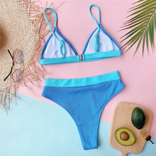 Load image into Gallery viewer, Blue Splicing Ribbed High Waist Bikini