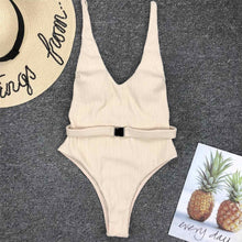 Load image into Gallery viewer, Ribbed High Cut Belted One Piece Swimsuit