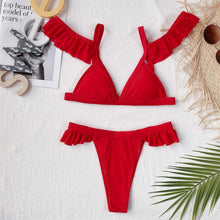 Load image into Gallery viewer, Red Off Shoulder Ruffled Bikini