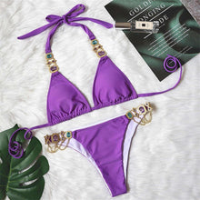 Load image into Gallery viewer, Purple Rhinestone Halter Bikini