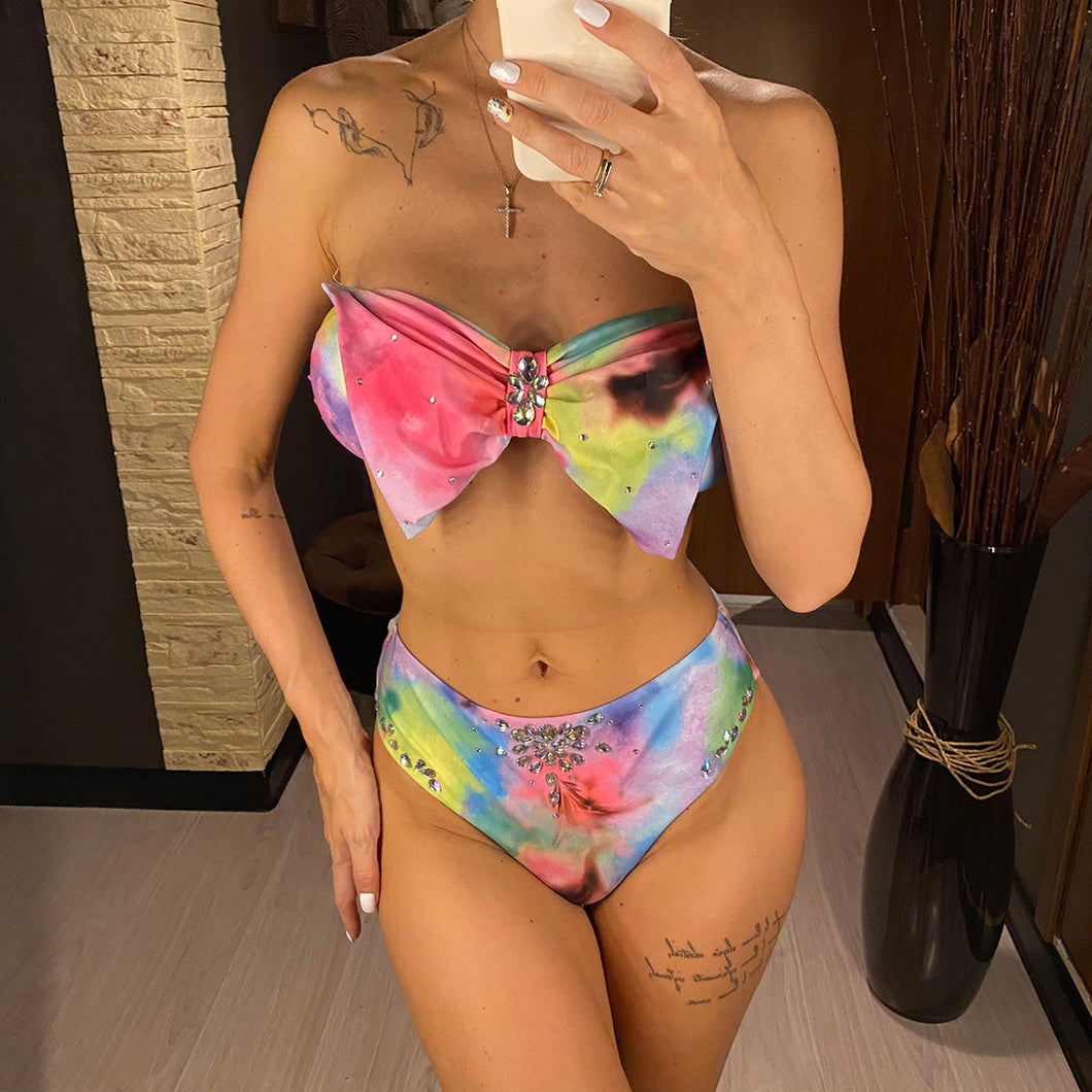 Bow Diamond Bandeau High Waist Bikini