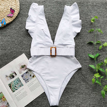 Load image into Gallery viewer, Ruffled White Deep V Monokini
