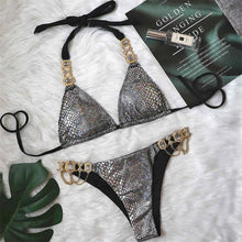 Load image into Gallery viewer, Shinny Metallic Halter Rhinestone Bikini
