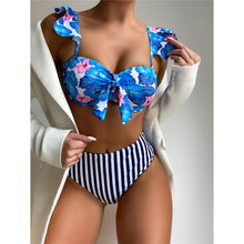 Load image into Gallery viewer, Floral Ruffle Striped High Waist Bikini
