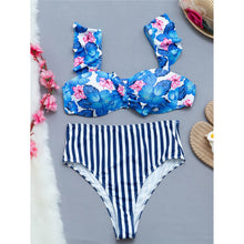 Load image into Gallery viewer, Floral Ruffle Striped High Waist Bikini
