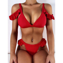 Load image into Gallery viewer, Red Off Shoulder Ruffled Bikini
