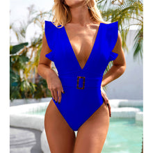 Load image into Gallery viewer, Ruffled White Deep V Monokini
