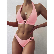 Load image into Gallery viewer, Halter Rib Pink Bikini
