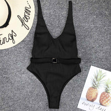 Load image into Gallery viewer, Ribbed High Cut Belted One Piece Swimsuit
