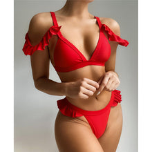 Load image into Gallery viewer, Red Off Shoulder Ruffled Bikini
