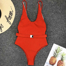 Load image into Gallery viewer, Ribbed High Cut Belted One Piece Swimsuit
