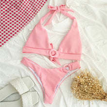 Load image into Gallery viewer, Halter Rib Pink Bikini
