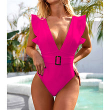 Load image into Gallery viewer, Ruffled White Deep V Monokini
