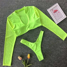 Load image into Gallery viewer, Neon Green Mesh Long Sleeve Tankini
