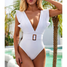 Load image into Gallery viewer, Ruffled White Deep V Monokini
