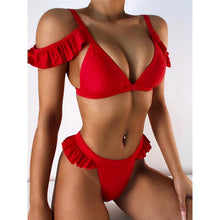 Load image into Gallery viewer, Red Off Shoulder Ruffled Bikini
